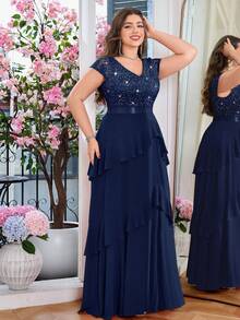 Đầm dạ hội chiffon cổ chữ V đính sequin, ren hoa, phối ren, viền bèo nhún, sang trọng, thích hợp cho tiệc sinh nhật, tiệc chiêu đãi, lễ tốt nghiệp, các ngày lễ mùa xuân. - Màu xanh hải quân - Xem 5