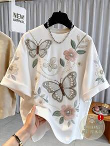 Plus Size Round Neck Short Sleeve T-Shirt, Decorated With Embroidered Butterflies And Floral Pearls - White - View 1