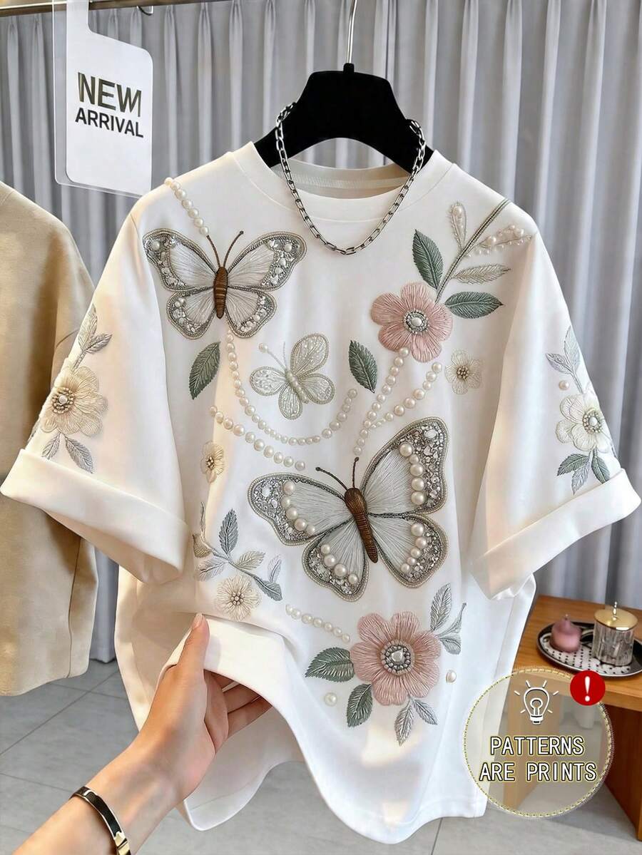 Plus Size Round Neck Short Sleeve T-Shirt, Decorated With Embroidered Butterflies And Floral Pearls - White - View 1