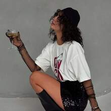 Round Neck T-Shirt With Simple Letter Print, American Retro Style - 白色 - 查看 5