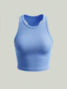 I-Shaped Back Ribbed Crop Top, Seamless Workout Tank Sports - Blue - View 3
