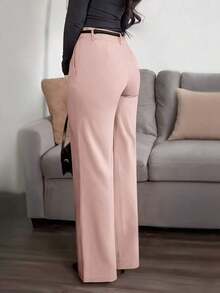 Pantalones rectos de unicolor azul marino de con cintura sin botones, cremallera y bolsillos, pantalones rectos elegantes, de oficina, diarios y versátiles para la primavera y el verano - Rosa - Ver 3
