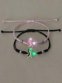 ATLVXJL 2pcs/Set Glow-In--Dark Friendship/Couple Bracelets With Heart, Crown, Dinosaur Bead Decor, Suitable Daily Wear And Holiday - Multicolor - View 11
