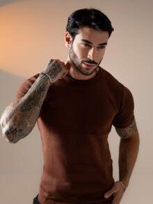 Men's Textured Short-Sleeved Knit T-Shirt With Crew Neck, Summer Chic Premium Style. - Rust Brown - View 4