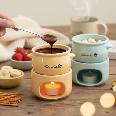 Ceramic Chocolate Melting Pot Heater, Home Ice Cream Fondue, Cheese Fondue With Pot And Fork, Candle Not Included.