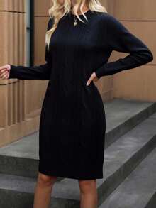 Women's Thick Wool Knit Shirt Dress, New Arrival, Long Sleeve, Round Neck, Winter/Autumn, Printed - 黑色 - 查看 1