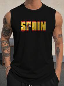 Spain Flag Patriotic Letter Print Men's Tank Top, Casual Sleeveless Athletic Tank Top, Breathable Comfy Tops,Beach Tank Top,Gift For Boyfiend - 黑色 - 查看 1