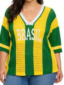 Brazil Women's Plus Size V-Neck Knit Blouse, Sizes M To XL, Brazilian National Team Style - 黃色 - 查看 9