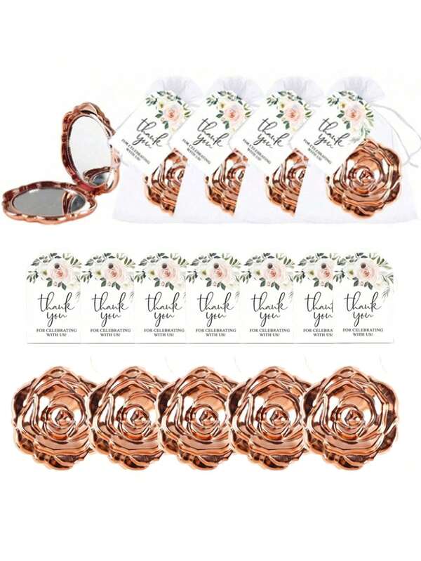 15 pezzi Set regalo specchio champagne oro rosa - Composto da 5 specchi compatti, 5 cartoline e 5 sacchetti in organza. Questo esclusivo set regalo combina specchi a forma di rosa champagne con cartoline a tema floreale. Ideale per occasioni festive, feste e come ricordo commemorativo, questo set speciale è perfetto per matrimoni, lauree, feste di compleanno, eventi a tema, addii al nubilato, inaugurazioni di case, raduni in stile vintage, anniversari, celebrazioni per il ritorno a scuola, addii al nubilato e altro ancora.