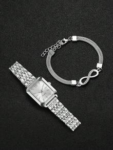 2pcs/Set Women's Fashion Casual Square Minimalist Dial Elegant Quartz Watch + Bracelet, Gift (Watch Box Not Included) - Silver - View 4