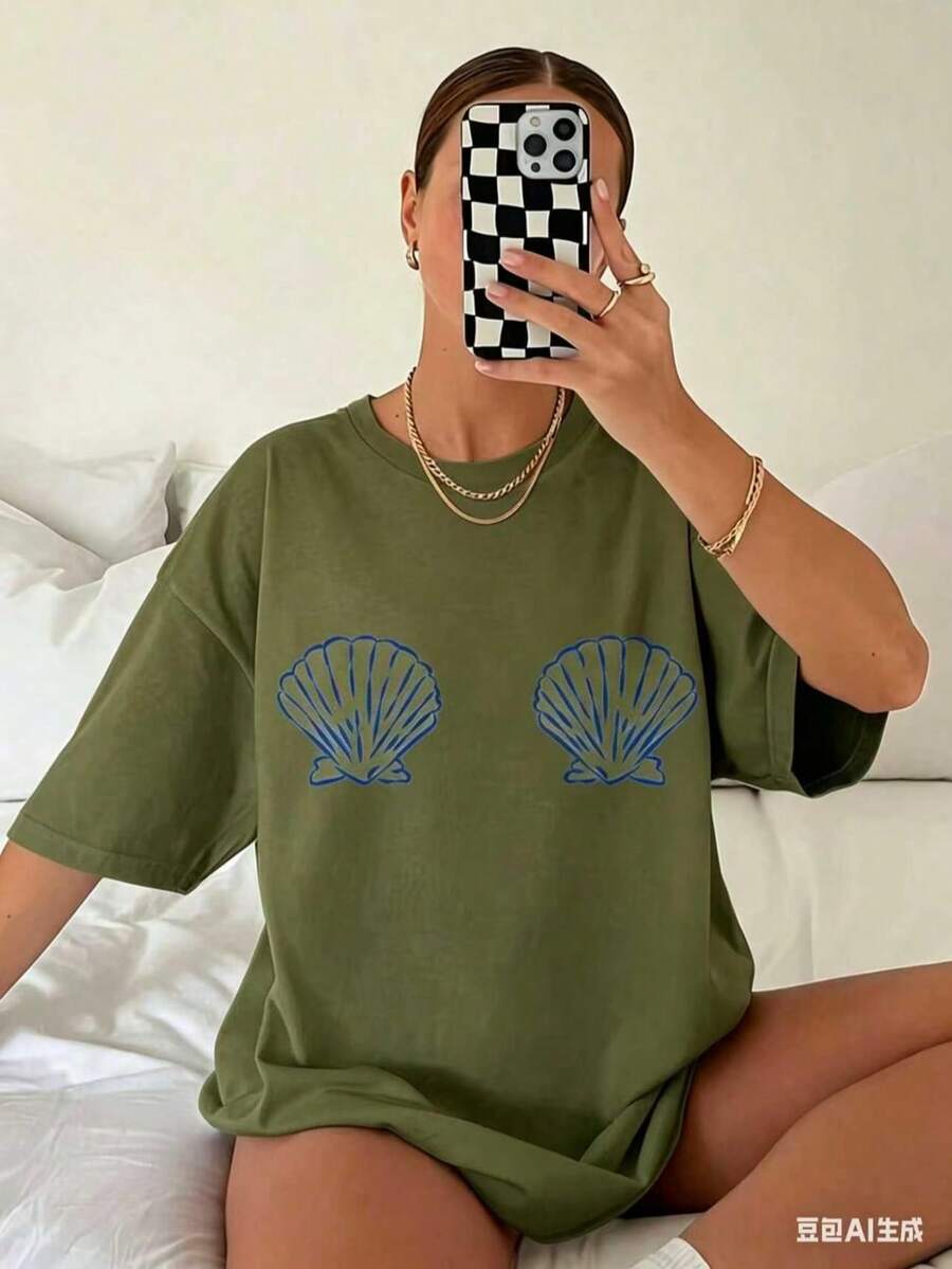 Graphic TeesWomen's Tropical Shell Print Casual T-Shirt - High Elasticity Round Neck Short Sleeve Top, Machine Washable White Blue Summer Beachwear, All-Season Comfortable Fit, Breathable Fabric, Simple Design, Tops For Women, Vacation Outfits For Women100% CottonWomen's Casual Easter Cotton T-Shirt Soft Breathable Daily Tee - 綠色 - 查看 1