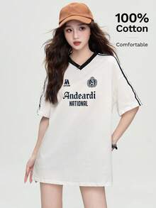 JUTU 100% Katun, Kaos Lengan Pendek Longgar Bergaris Leher V, Kasual untuk Pantai, Cocok untuk Musim Semi, Musim Panas, Musim Gugur - 634 Krem dan Hitam - KJ224 - View 5