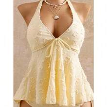 Joyful Toy 1212  Women's Relaxed Vacation Polka Dot Textured Fabric Camisole Yellow Bikini Tankini Elegant Dress Women Beach Outfit Women's Beach Bikinis Summer 2026 Women's Summer Vacation, Graduation Season, Wedding Season, Back-To-School Season, Easter Season Party & Lunch Cute Casual Summer Camisole - Sweet, Romantic, Countryside Style Knit Texture, Ruffle Detail, Elastic Waist, Relaxed Hemline, High Low Design, Yellow Spaghetti Strap Tankini New Year's Wear Party A Numbered Women's Off-The-Neck And Backless Casual Vacation Topboho Easter Beach Outfits Hawaii Music Festival Tropical Vacation Yellow Bathing Suit Set Vintage Swimsuit Lemon Bathing Suit Lace Swimsuit Seashell Bathing Suit - 黃色 - 查看 5