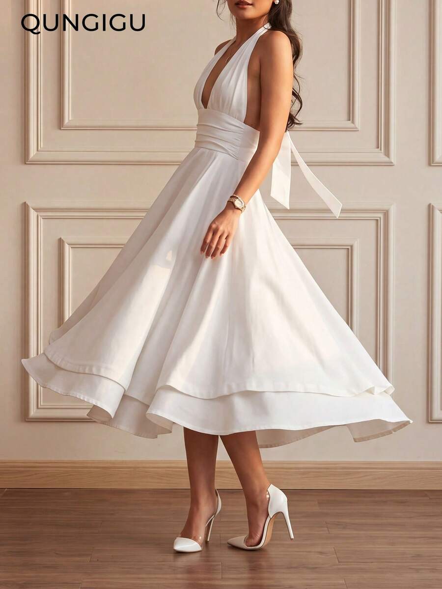 QUNGIGU Vestido midi de mujer con tirantes finos, cuello en V profundo sin mangas, corte evasé con volante en el bajo, elegante para fiestas de verano, cócteles, bodas - Blanco - Ver 1