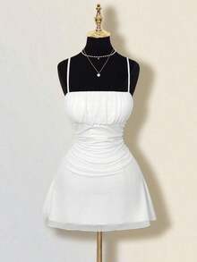 Vestido mini halter retro estampado otoñal con pliegues para mujer - Blanco - Ver 12