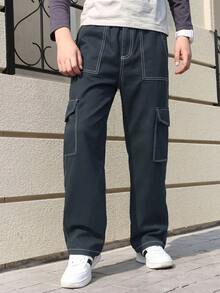 1件青少年男童复古简约工装裤，适合运动、户外活动、春秋季穿着 - 灰色 - 查看 9
