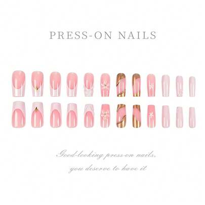 24Pcs/Set Square Press On Nails, Pink & Gold 3D Flower Fake Nails With White French Tip & Accents, Removable & Reusable Acrylic Nail Tips,For Women Girls Daily Wear, Parties & Nail Salon DIY, 2026 Spring Summer Nail Art Supplies