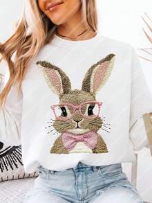 10-Inch Cute Easter Bunny Embroidery Style Design DIY Iron-On Transfer Patch, Clothing Decoration, Suitable For T-Shirts, Sweatshirts, Fabric Decor, Pillow Covers, Tote Bags And Garment Decoration, Easter Holiday Party Decor, Durable Plastic Heat Transfer Sticker - Multicolor - View 4