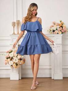 Vestido elegante de moda nuevo para mujeres con escote en el hombro, borde alto y cintura favorecedora, mini vestido ideal para vacaciones, salidas casuales, fiestas, meriendas y talla grande ocasiones de verano - Azul 2 - Ver 2