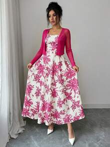 Conjunto de vestido sin mangas con estampado de cintura acampanada y cárdigan de punto, conjunto de ropa de vacaciones con estampado floral bohemio romántico para primavera - Rosa Fucsia - Ver 2