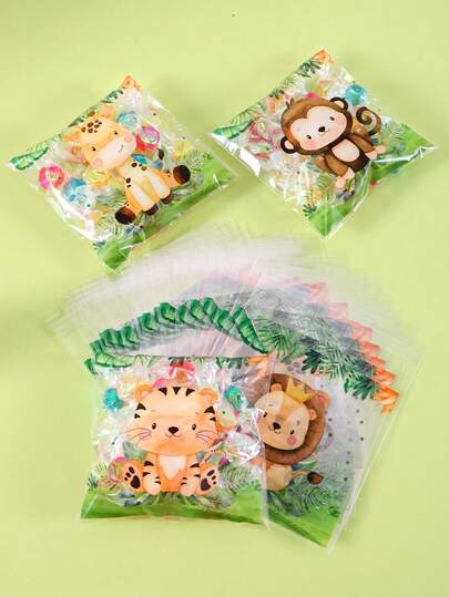 50/100 piezas Bolsas de regalo autoadhesivas con patrón de animales de dibujos animados, bolsas de embalaje de regalo OPP autosellantes con patrón de león, mono y tigre, recuerdos y obsequios para fiestas, decoración de fiesta de cumpleaños con tema de safari, celebración del primer cumpleaños