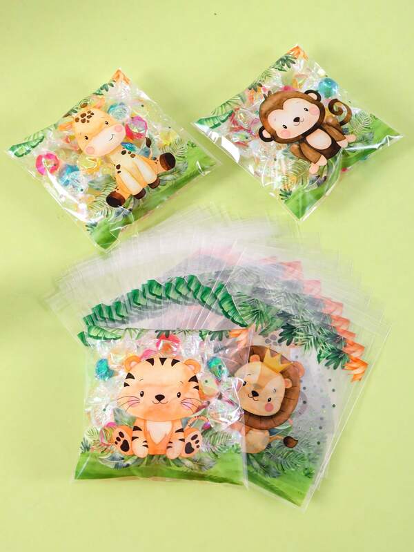 50/100 piezas Bolsas de regalo autoadhesivas con diseños de animales de dibujos animados, patrones de león, mono y tigre en bolsas de OPP con cierre automático, para regalos de fiesta y recuerdos, decoraciones de fiesta de cumpleaños con tema safari, celebración del primer cumpleaños