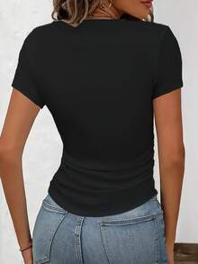 Talla unisex. Camiseta de algodón de talla grande para mujer, ideal para el verano. Estampado artístico con letras - estilo Y2K - Camiseta deportiva casual de talla pequeña, ajustada, de color sólido, con pliegues en la cintura y cuello redondo de manga corta, adecuada para las cuatro estaciones. El material absorbe el sudor, es suave y agradable para la piel. - Negro - Ver 5