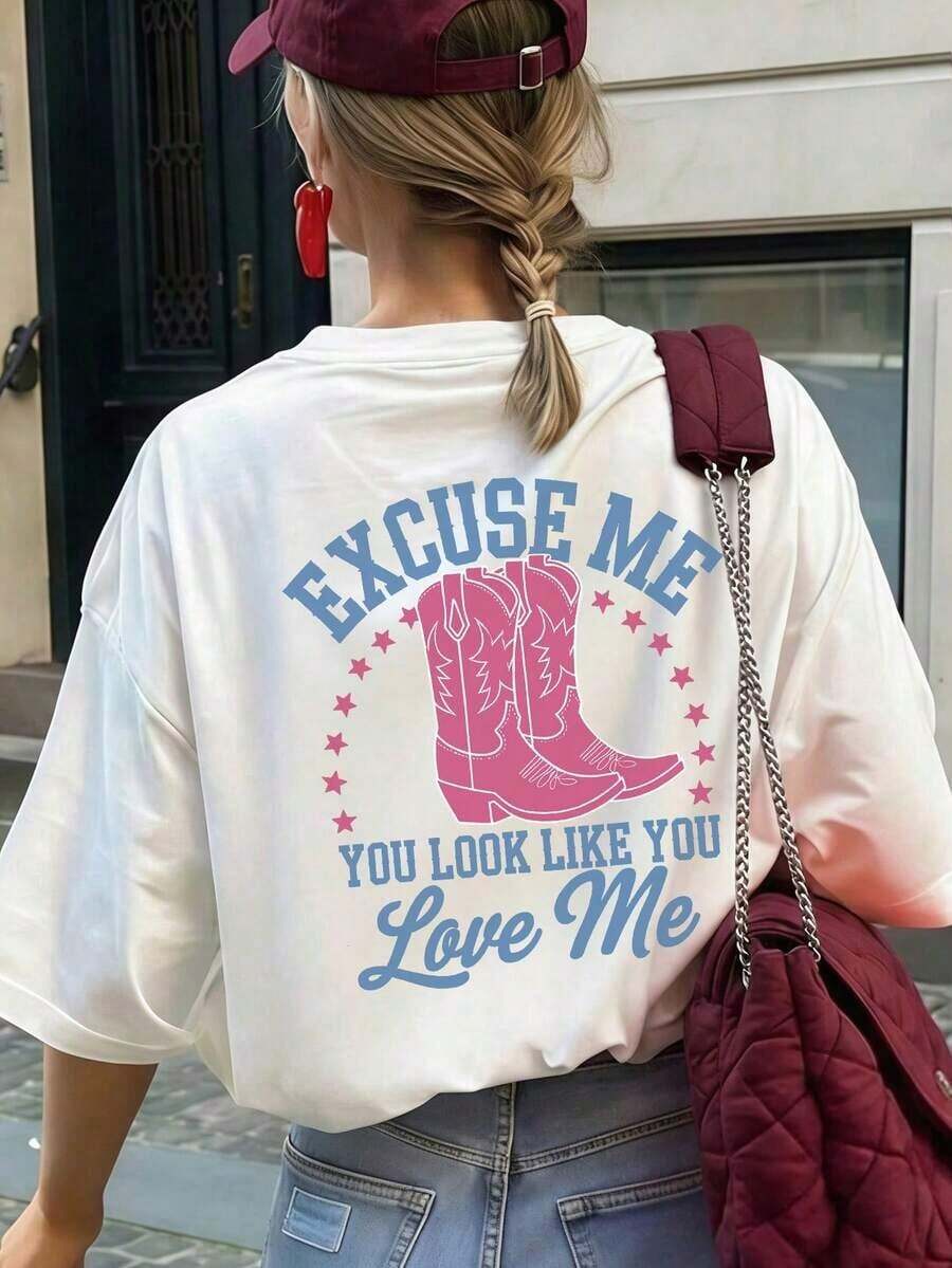 Camiseta de Cuello Redondo con Estampado Gráfico Personalizado de Botas Rojas de Verano para Mujer, Estilo Occidental, Casual - Blanco - Ver 1