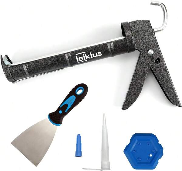 Leikius Caulk Gun,No-Drip Silicone Caulking Gun, Caulking Tools Grout Scraper&Amp;Putty Knife For Kitchen Bathroom Sink Joint,With Gift Box Works 10 OZ Tubes Black-Siliver