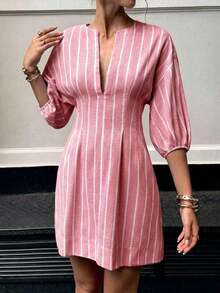 Vestido mini de verano con escote en pico a rayas para mujer, vestido rosa a rayas, vestidos de verano para mujer, vestido de verano a rayas, vestido mini a rayas, vestidos casuales para mujer - Rosa - Ver 8