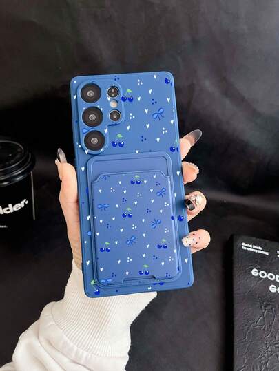 1pc Blue TPU Soft Icy Blue Cherry Blossom Bow Pattern Minimalist Korean Style Protective Phone Case And 1pc Icy Blue Cherry Blossom Bow Pattern Detachable Card Holder 2-In-1 Fashionable Versatile Creative Phone Case, Suitable As Birthday/Holiday/Anniversary Gift For Girlfriend/Boyfriend, Best Friend, Spouse, Partner, Family, Coworker, Student, Fits Android Phones Like Galaxy/
