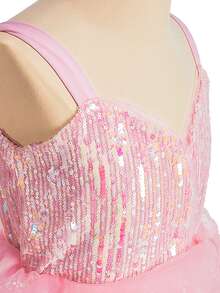 Bộ 6 món gồm váy công chúa màu hồng voan đính sequin không tay, băng đô, đũa phép, túi xách, thích hợp cho lễ Giáng sinh và tiệc hóa trang. - Hồng - Xem 6