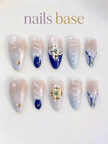 NAILS BASE 10件/組 粉色杏仁形長款法式漸層漸變假指甲，附玫瑰紅花朵，辦公適用中性華麗風，日式手工 P - 彩色 - 查看 9