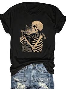 Summer Tops For Women Skull And Cat Pattern Printed T-Shirt - For Cat Lovers, Cat Moms And Dads - Soft And Comfortable Home Casual Round Neck Short Sleeve Top - Women's Clothing - Perfect Choice For Spring And Summer. Loose And Comfortable Mothers Day Outfit Summer Tops For Women Mothers Day Outfit Y2k Clothes Women - 黑色 - 查看 12