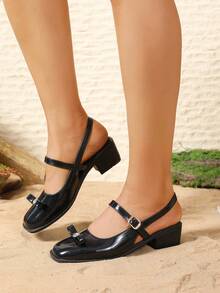 Giày sandal nữ gót dày mũi kín, sandal Mary Jane hở gót đính đá mới mùa hè 2026, giày cao gót đế bệt tối giản tiện dụng đi làm. - màu đen - Xem 4