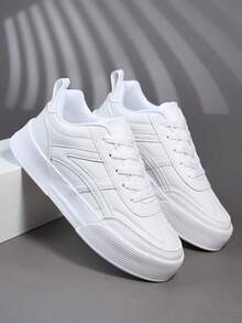 Men's Sneakers, Breathable All-Season Multi-Function Non-Slip Thick Sole Pure White Casual Leather Lace-Up Low-Top Oversized Sports Shoes - White - View 3