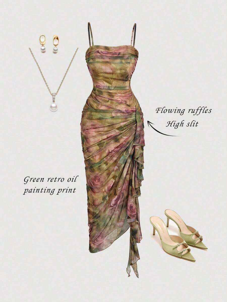 Vestido largo con tirantes finos, estampado mariposa vintage degradado, pliegues con volantes y falda asimétrica con abertura, ideal para San Valentín, fiestas, cócteles y eventos de verano - Multicolor 3 - Ver 1