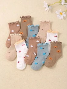 5/10 paires de chaussettes à volants de couleur aléatoire pour bébés filles, chaussettes imprimées de fleurs, cerises et kiwis, chaussettes essentielles d'été, cadeaux de fête pour bébés et enfants - Multicolore - Voir 6