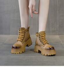 Botas de verano para mujer con perforaciones y capa de malla transpirable, botas cortas de trabajo de cuero liso con estilo occidental retro, botas de estilo británico versátil para uso diario. - Caqui - Ver 6