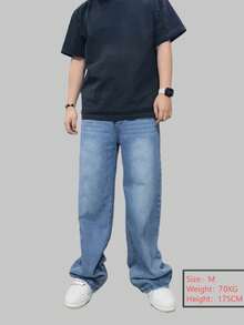 1pc Justice Brother Men's Loose Washed Denim Casual Baggy Wide Leg Jeans Pants (Excluding Belt/Accessories) - Blue - View 6