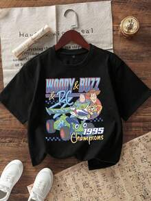 Disney Camiseta de manga corta con estampado de dibujos animados con temática retro de Toy Story, casual y sencilla, adecuada para un uso cómodo y de moda en primavera y verano, apta para niños y niñas, regalo ideal para vacaciones. - Negro - Ver 2