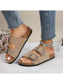 lunryet Cork Footbed Sandals For Women – Comfortable Double Buckle Slip-On With Genuine Suede Footbed & Arch Support Slides For Women Footwear - MÀU NÂU ĐỎ - Xem 5