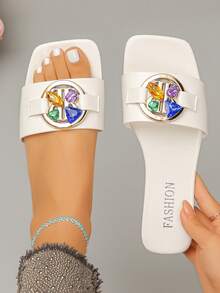 Multi-Color Rhinestone Metal Buckle Slide Sandals, Sweet & Cool Summer Flat Slippers, Fashionable Dopamine Inspired Slippers - White - View 5