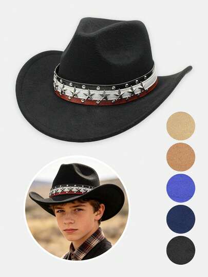1PC Patriotic Kids & Teens Cowboy Hat With Star Rivets Retro Western Style For 4th Of July, Halloween & Events