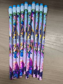 12 pezzi Set di matite con cartoni animati di ragazze, con grandi gomme in cima, articoli di cartoleria popolari coreani, stili casuali - Multicolore - Visualizzare 3
