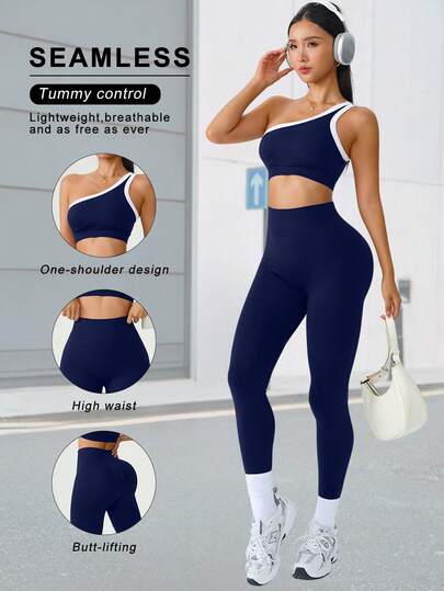 2pcs Women's Seamless Contrast Color Shoulder Top And Elastic Tight Pants Sports Set, With Lifting And Slimming Effect, Suitable For Yoga, Fitness, Outdoor Sports And Daily Wear, Summer