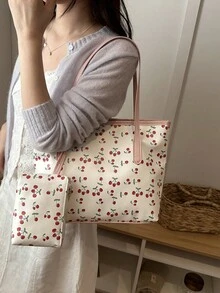2026 Nuova moda Borsa a tracolla casual da donna con grande capacità, stampa a ciliegie e farfalle con fiocco - Rosa - Visualizzare 5