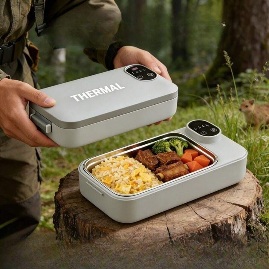 3-In-1 Portable Bento Box Warmer Stainless Steel Insulated Lunch Box With Adjustable Temperature Control. Ideal For Home And Travel Use. The Perfect Gift Choice. - Grey - View 1