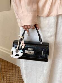 Fashionable Crocodile Embossed Small Square Bag, New Luxury Feeling Shoulder Crossbody Handbag, Commuting Tote - Black - View 9