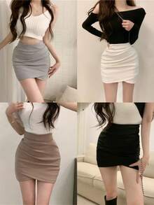 Minifalda plisada asimétrica negra para mujer, de cintura alta, ajustada, estilo línea A, moda primavera - BLANCO - Ver 1